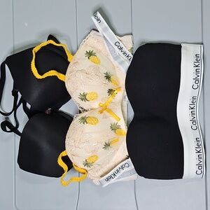 3x Bra Set: Calvin Klein Black Bralett, Pinapple Bralette, VS PINK Black Pushup